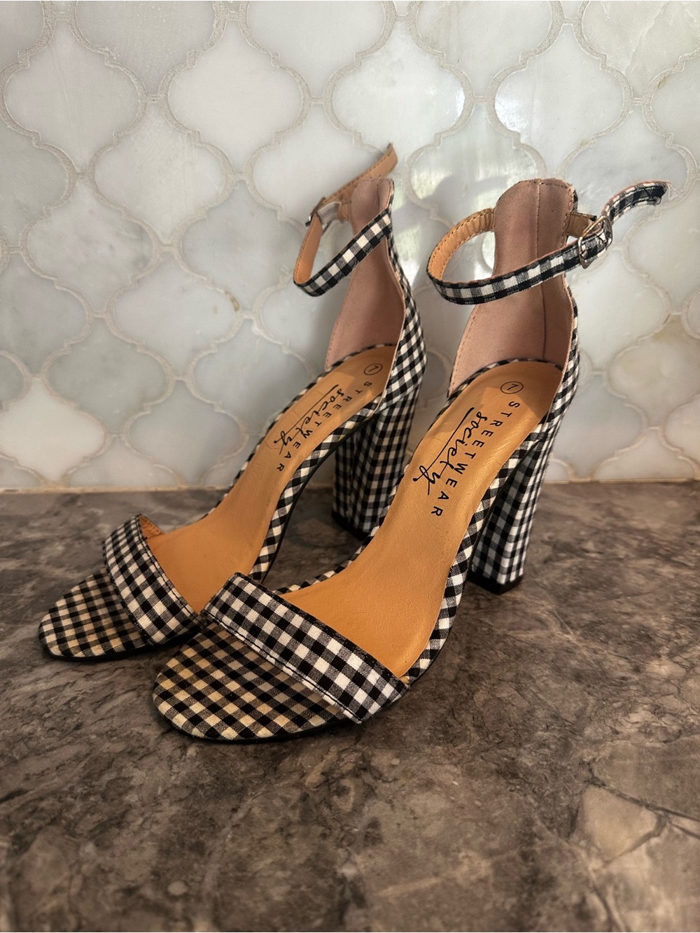 Streetwear Society Black & White Gingham Ankle-Strap Block Heels